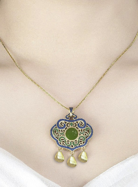 纯银吊坠景泰蓝沙金古法传承烧蓝古风平安项链女长命锁毛衣链