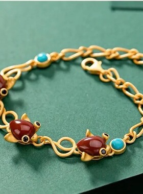 南红镀S925纯银金色女神搭配复古文艺小鱼金鱼女士款绿松石手链