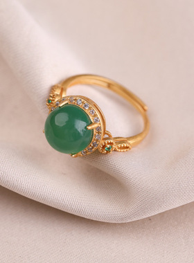 宫典国潮古法金色和田玉戒指女复古纯银指环中国风旗袍故宫手饰品