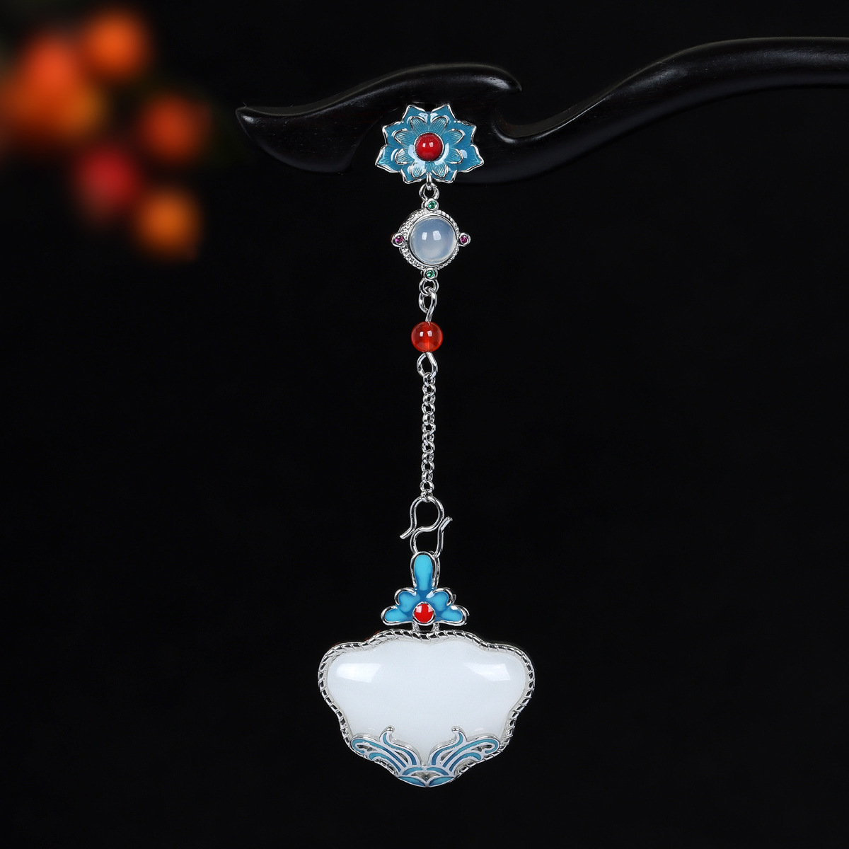 国风兰花烧蓝如意锁925银胸针