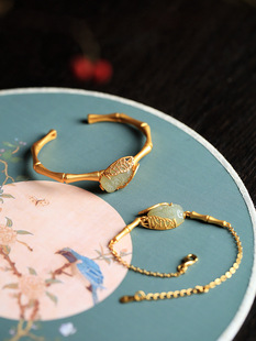 蝉纯银镶玉石手镯子复古法沙金和田玉小众设计可爱手链女旗袍送礼