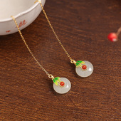 纯银古法金和田玉平安扣耳线女2022年新款 耳链耳饰 潮气质长款