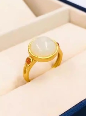 宫廷复古风蛋面戒指仿天然和田玉个性百搭高级感食指戒女士款指环