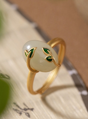 S925纯银镀金天然和田玉戒指复古景泰蓝叶子女士开口指环