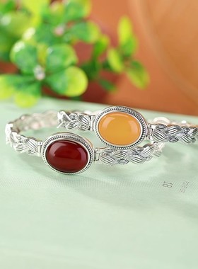 S925纯银蜜蜡血珀复古做旧编织麻花蛋面手镯气质高级银手链