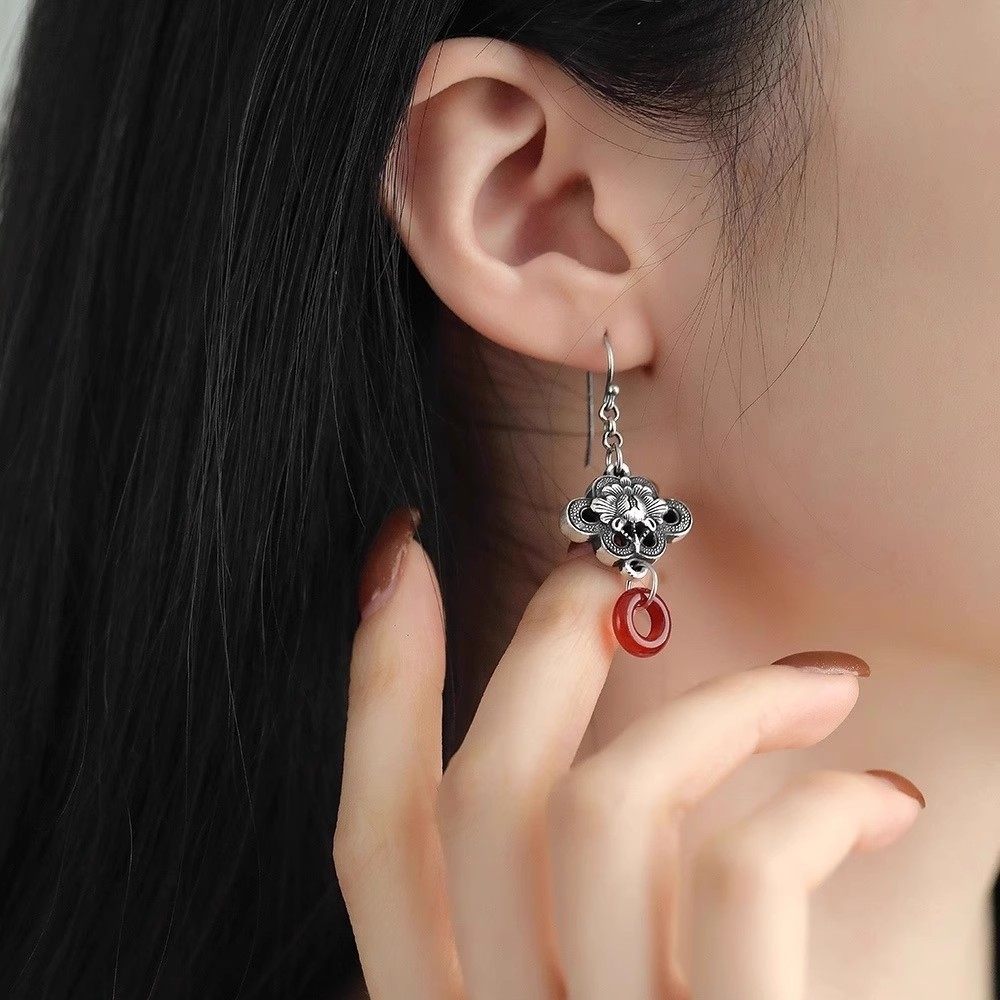 新中式牡丹花耳钩国潮女文艺个性耳钉琳琅彩树脂石红莲花复古配饰