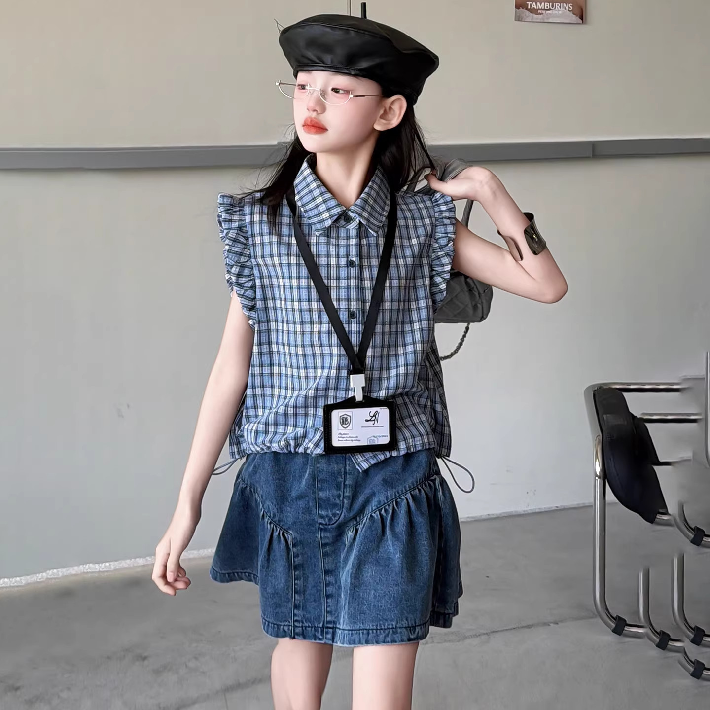 DWDZ女童格子衬衫牛仔短裙套装2026夏季新款儿童T恤半身裙夏装潮