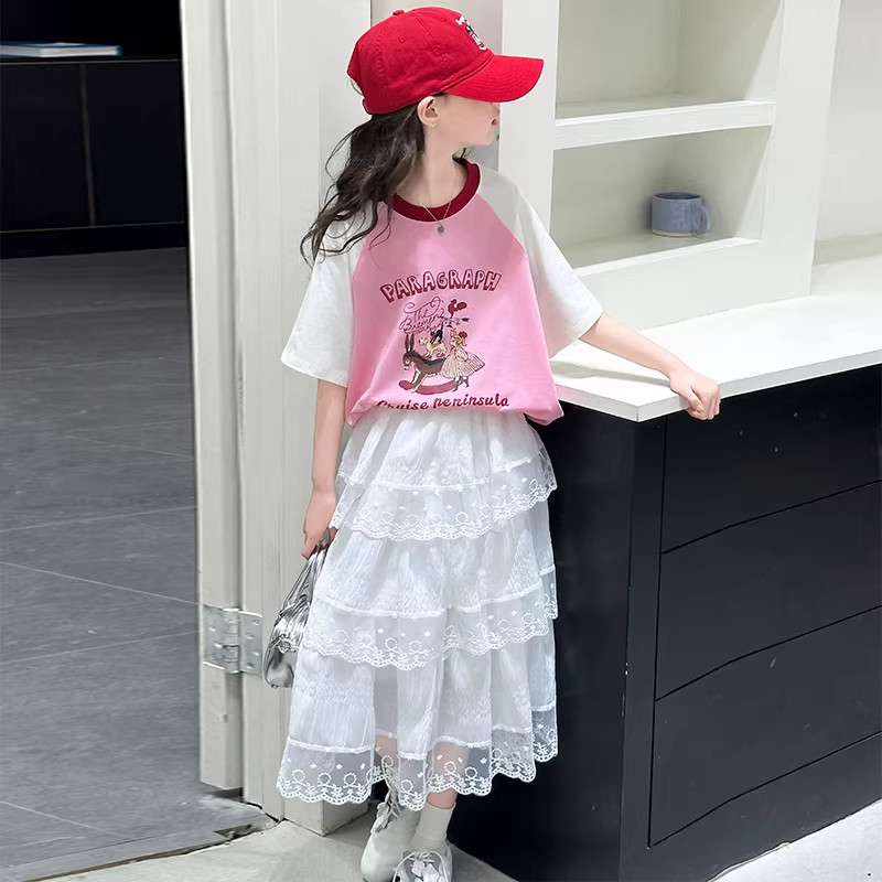 DWDZ女童夏季短袖半身裙2026新款女大童T恤蛋糕裙女孩夏装裙子潮