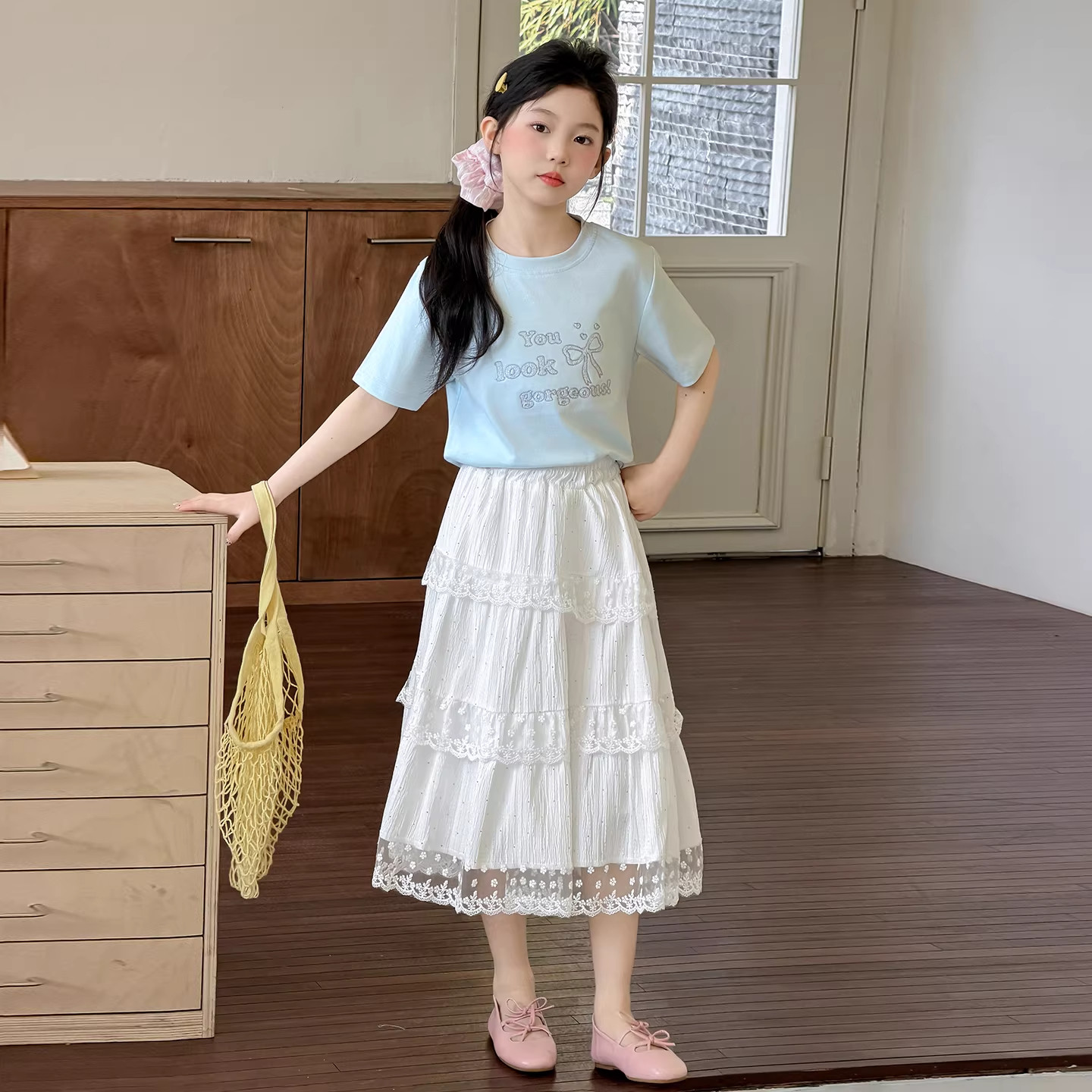 DWDZ女童烫钻长裙套装2026夏季短袖半身裙女大童夏装儿童T恤裙子