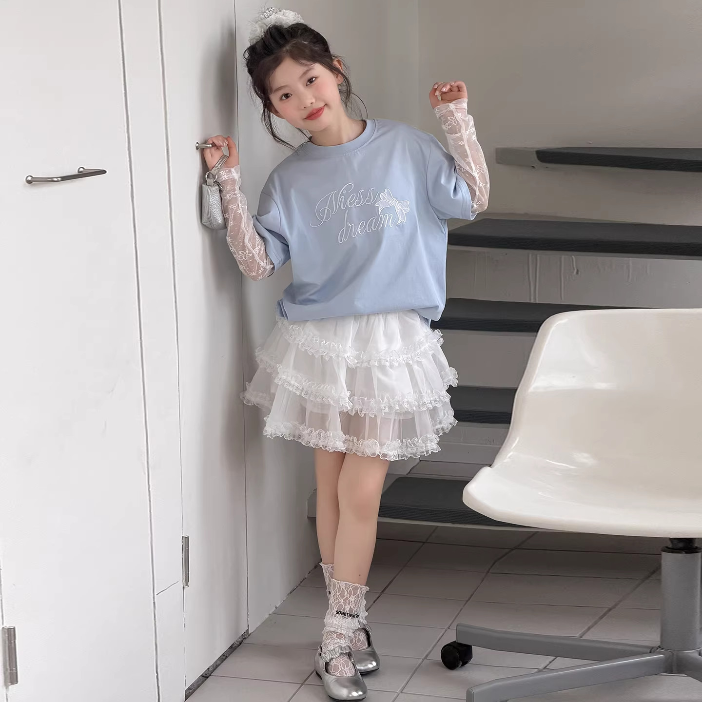 DWDZ女童蕾丝短袖半身裙2026夏季新款T恤短裙韩系夏装女大童纱裙