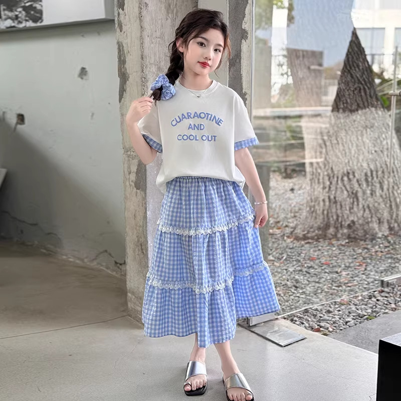 DWDZ女童格子裙套装夏款短袖半身裙新款女大童T恤裙子洋气两件套