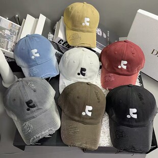 渐变色美式 大帽檐棒球帽子女夏做破洞字母刺绣大头显脸小鸭舌帽xd