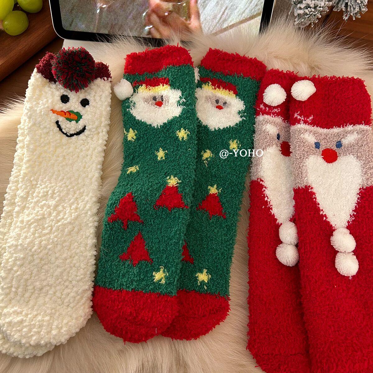 "在初雪告白吧"圣诞袜子女中筒珊瑚绒加厚卡通毛绒保暖