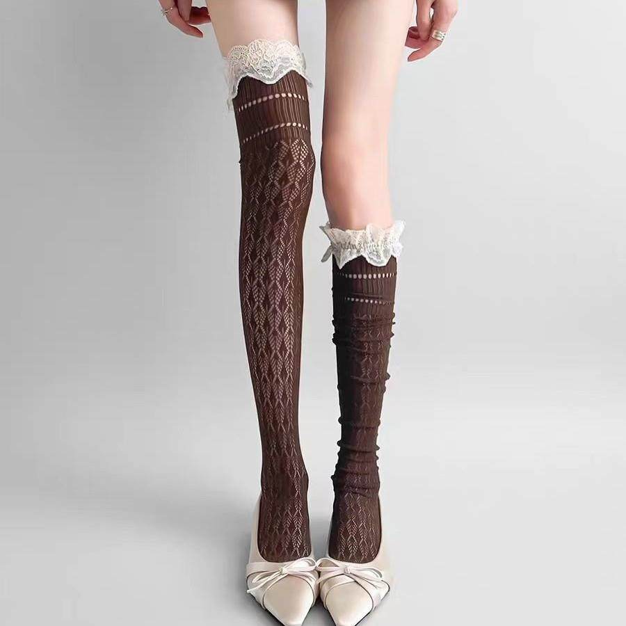 日系复古蕾丝花边镂空菱形格纹过膝袜女夏季薄款jk美腿袜堆堆小腿