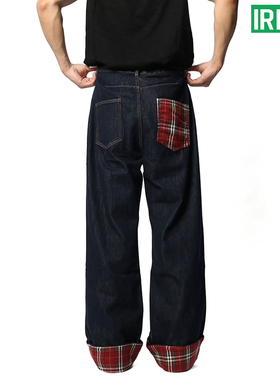 IREX 红色格子拼接卷边牛仔裤美式设计感vintage阔腿直筒堆脚裤子