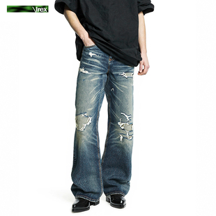 IREX 重工款Nofaith水洗蓝做旧刀割破坏补丁baggy弯刀牛仔裤男女