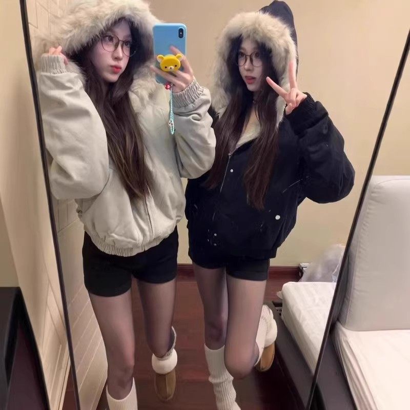 国潮座山雕毛绒连帽棉服男女2025冬季美式cleanfit设计感加厚