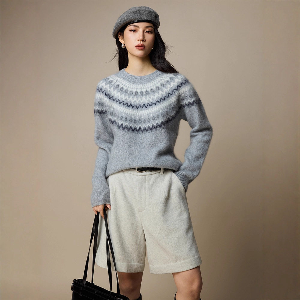 费尔岛毛衣女秋冬提花圆领纯羊毛针织衫2025新款女装韩系长袖