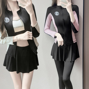 防晒游泳衣套装 运动风泳衣女四件套保守分体长袖 海边 新款