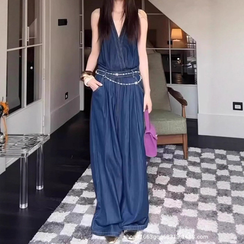 【爆款】法式松驰感拼接连体牛仔裤女2025夏季新款宽松小众阔腿