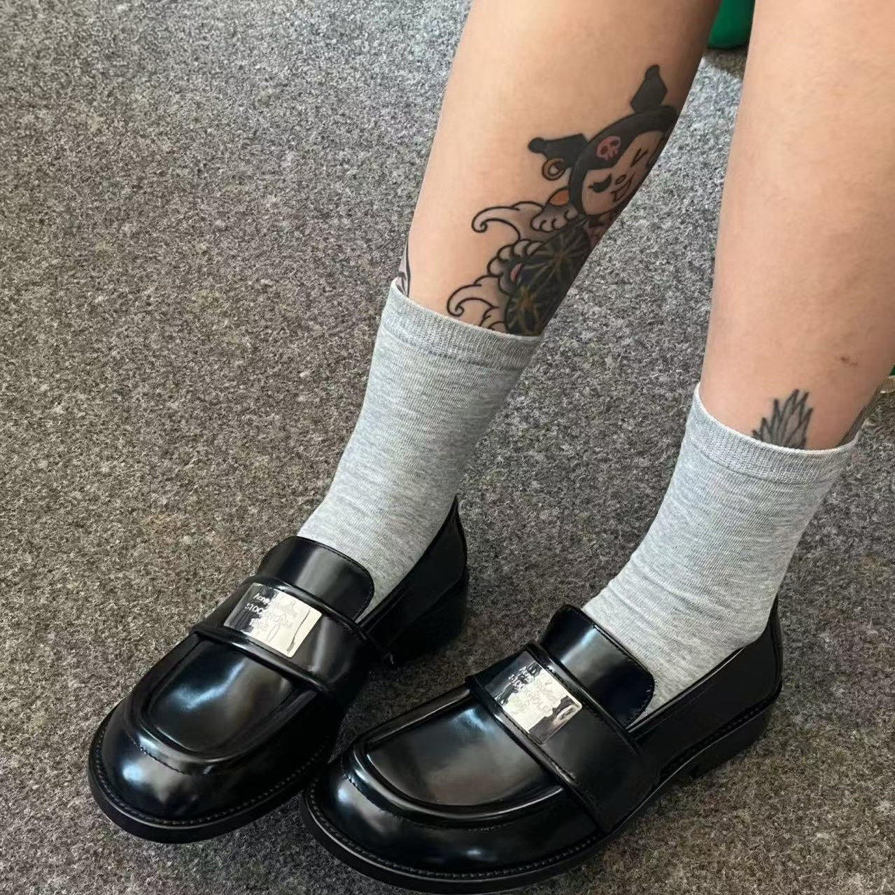 黑色贴牌徽标乐福鞋英伦厚底牛皮