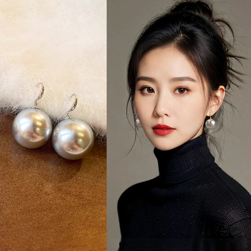 灰色大珍珠款耳环女轻奢高级感