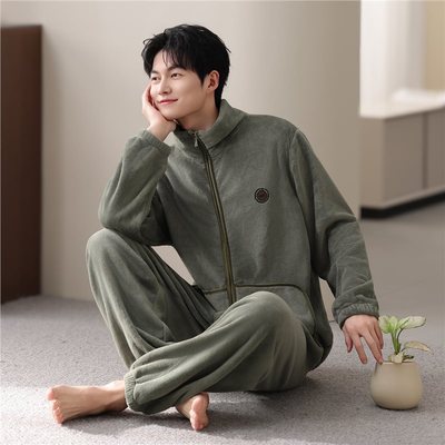 2025新款秋冬季男士睡衣加绒加厚珊瑚绒套装冬天可外穿保暖家居服