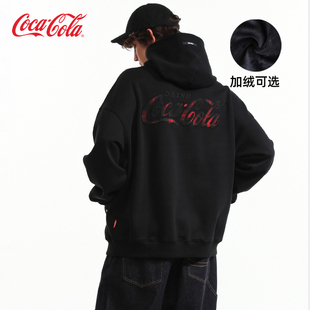 贴布刺绣加绒加厚重磅落肩连帽卫衣 可口可乐男女同款 Coca Cola