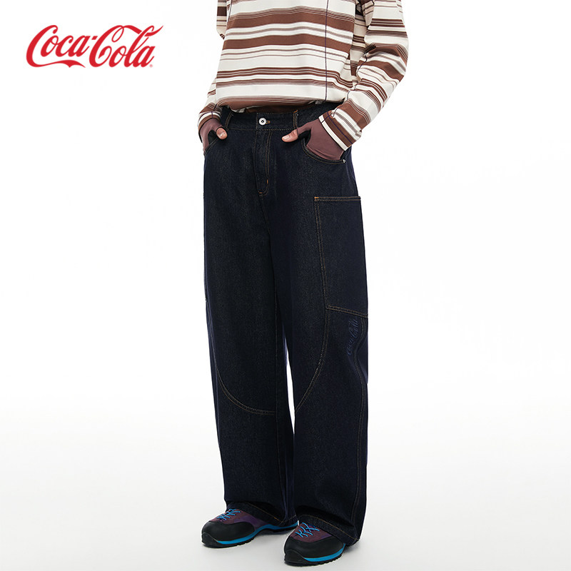 Coca-Cola可口可乐 原牛色皮牌字母刺绣弯刀阔腿牛仔裤 男女同款