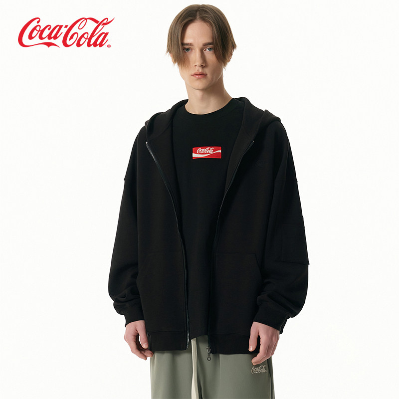 Coca-Cola可口可乐 飞行外套开衫Logo刺绣空气层拉链口袋连帽卫衣