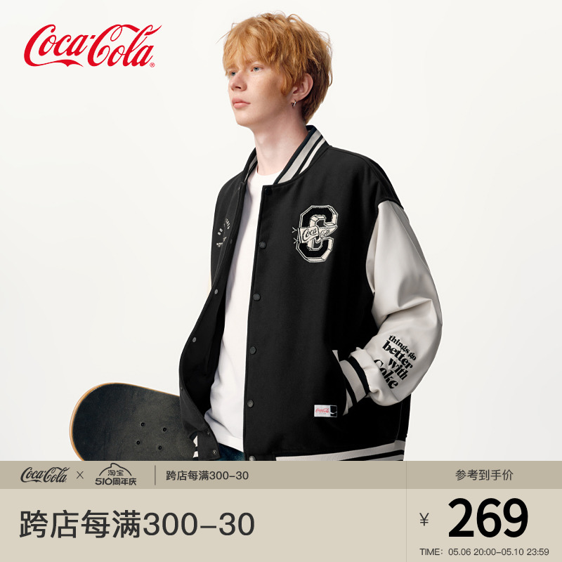 Coca-Cola/可口可乐 PU皮棒球服外套男美式廓形嘻哈毛呢情侣夹克