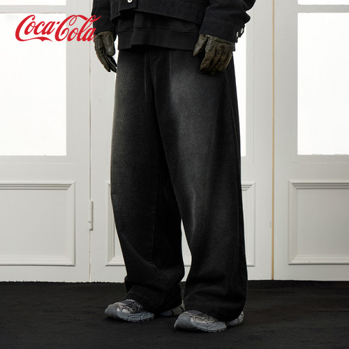 Coca－Cola/可口可乐渐变水洗做旧直筒宽松灯芯绒休闲裤 男女同款