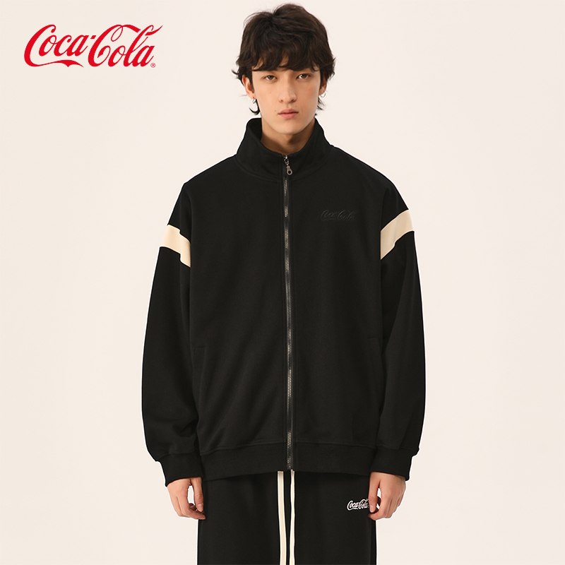 Coca-Cola/可口可乐 拼接字母刺绣针织立领开衫卫衣外套 男女同款