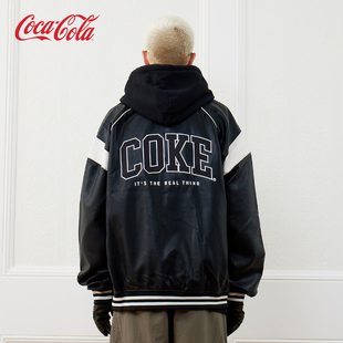 字母刺绣夹克男装 Coca－Cola 可口可乐复古PU皮衣外套男秋冬款