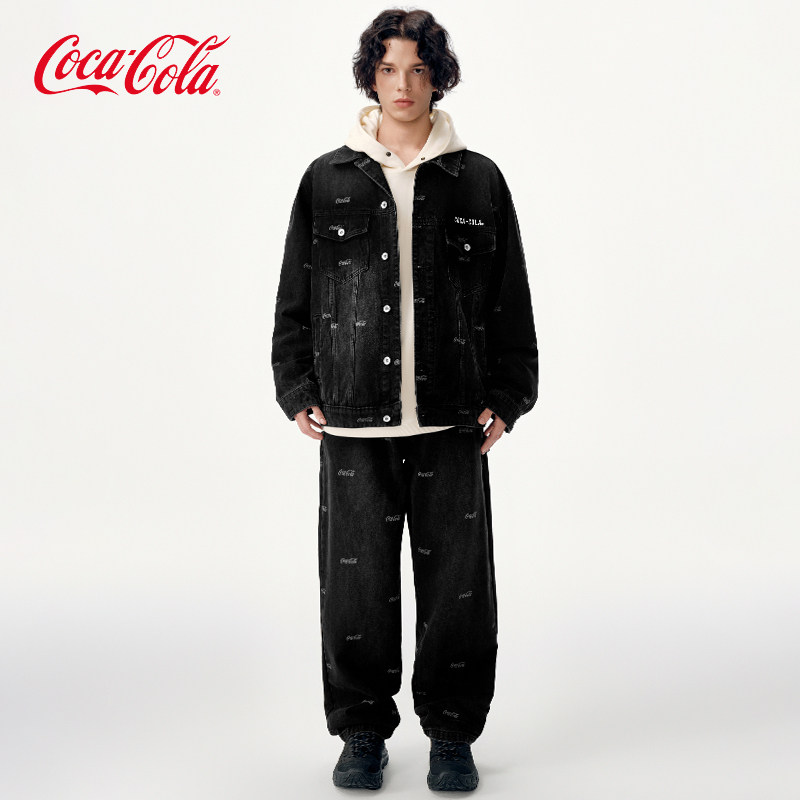 Coca-Cola/可口可乐满印字母刺绣牛仔外套直筒牛仔裤休闲运动套装