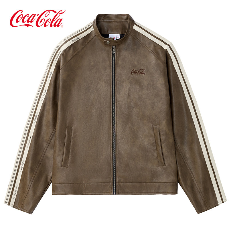 Coca-Cola/可口可乐不对称织带拼接字母刺绣美式复古机车皮