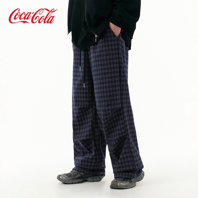Coca－Cola/可口可乐格子条纹打褶直筒宽松垂感休闲裤 男女同款