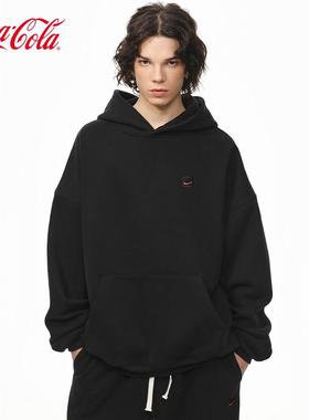 Coca-Cola可口可乐 秋冬灰色连帽卫衣男女款简约章仔榻榻米刺绣