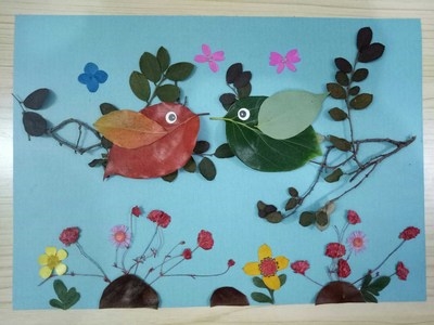 手工树叶贴画成品秋天真树叶粘贴画幼儿园小学生贴画