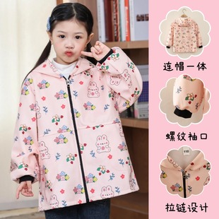 儿童秋冬加绒防水罩衣男女童连帽长袖外套防风保暖幼儿园吃饭围裙