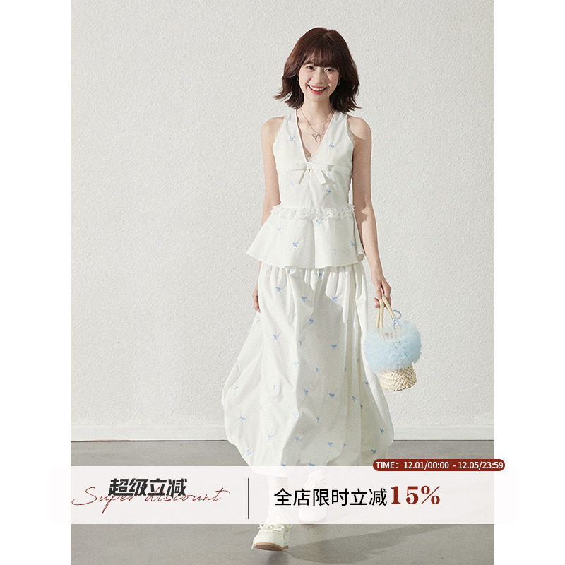 蝴蝶结蕾丝无袖上衣半裙套装