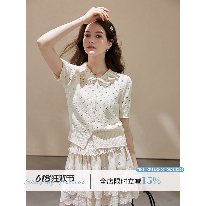 WPsense全棉镂空娃娃领短袖针织开衫秋季甜美设计感毛衣显瘦上衣