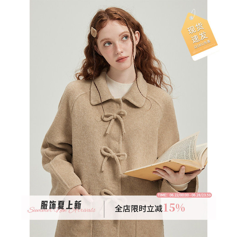WPsense 蝴蝶结中长款双面呢子羊毛大衣女秋冬灰色宽松毛呢外套