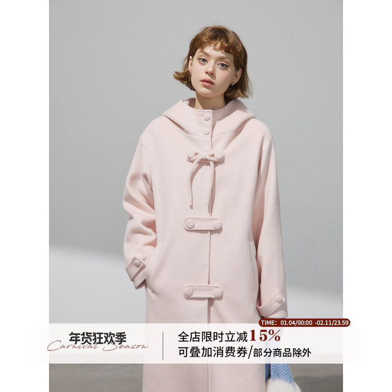 WPsense淡粉色蝴蝶结呢子外套连帽女2025冬季新款长款毛呢大衣,女装/女士精品,毛呢外套,淘宝优惠券,粉丝福利购,淘宝优惠卷