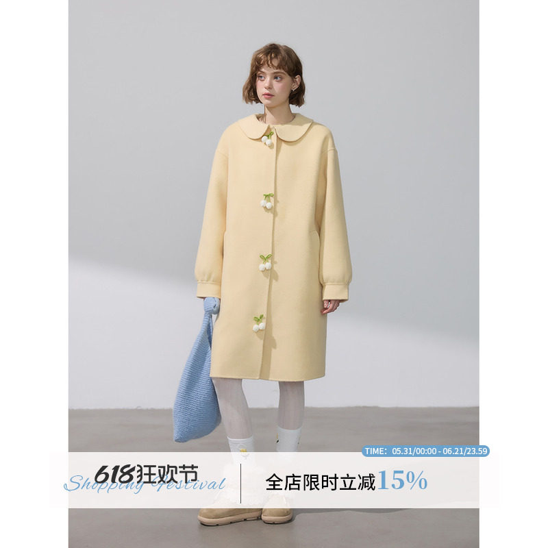 WPsense设计感娃娃领黄色双面呢子大衣女中长款廓形冬季毛呢外套