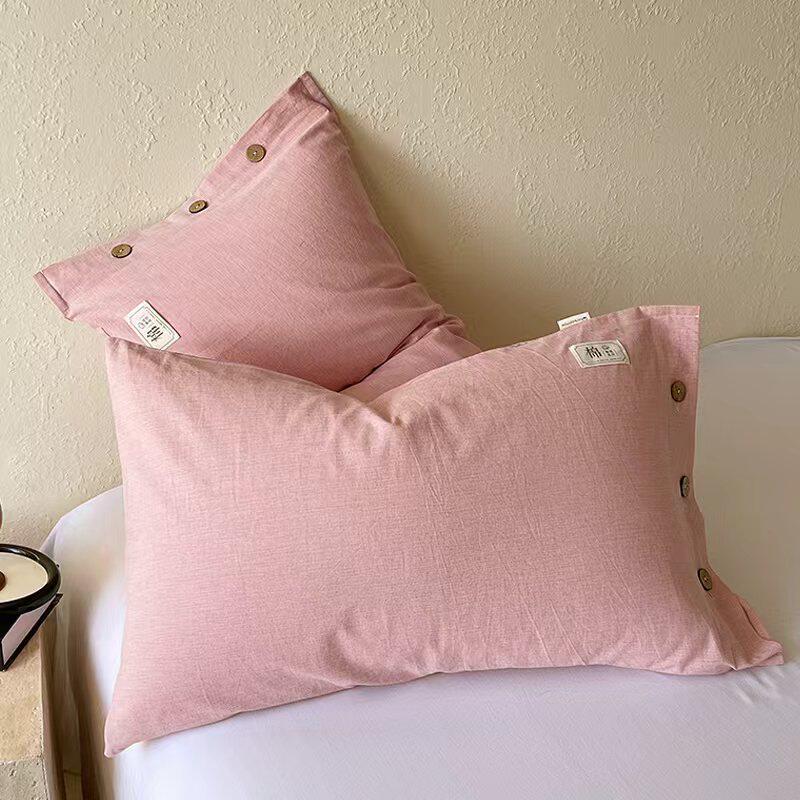 纯棉枕套48x74cm素雅纽扣格子100棉简约舒适全棉纯色成人枕头套