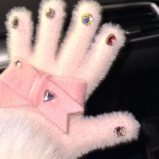 蝴蝶结芭比公主手套仿貂毛冬季 防寒防冻户外骑车骑行学生保暖