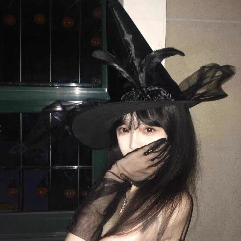 万圣节派对女巫帽子网纱暗黑cos网红酒吧暗黑巫婆帽羽毛道具