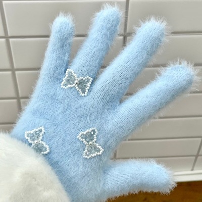 天蓝蝴蝶结钻石手套秋冬infp防寒防冻水钻仿貂毛学生分指保暖
