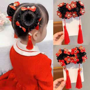 喜庆新年头饰儿童双丸子头发圈小女孩假发发圈女童过年高弹力发饰